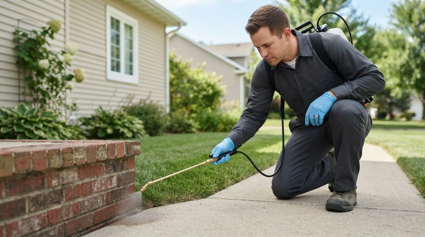 Pest control technician treating a home near Hammondsport, NY
